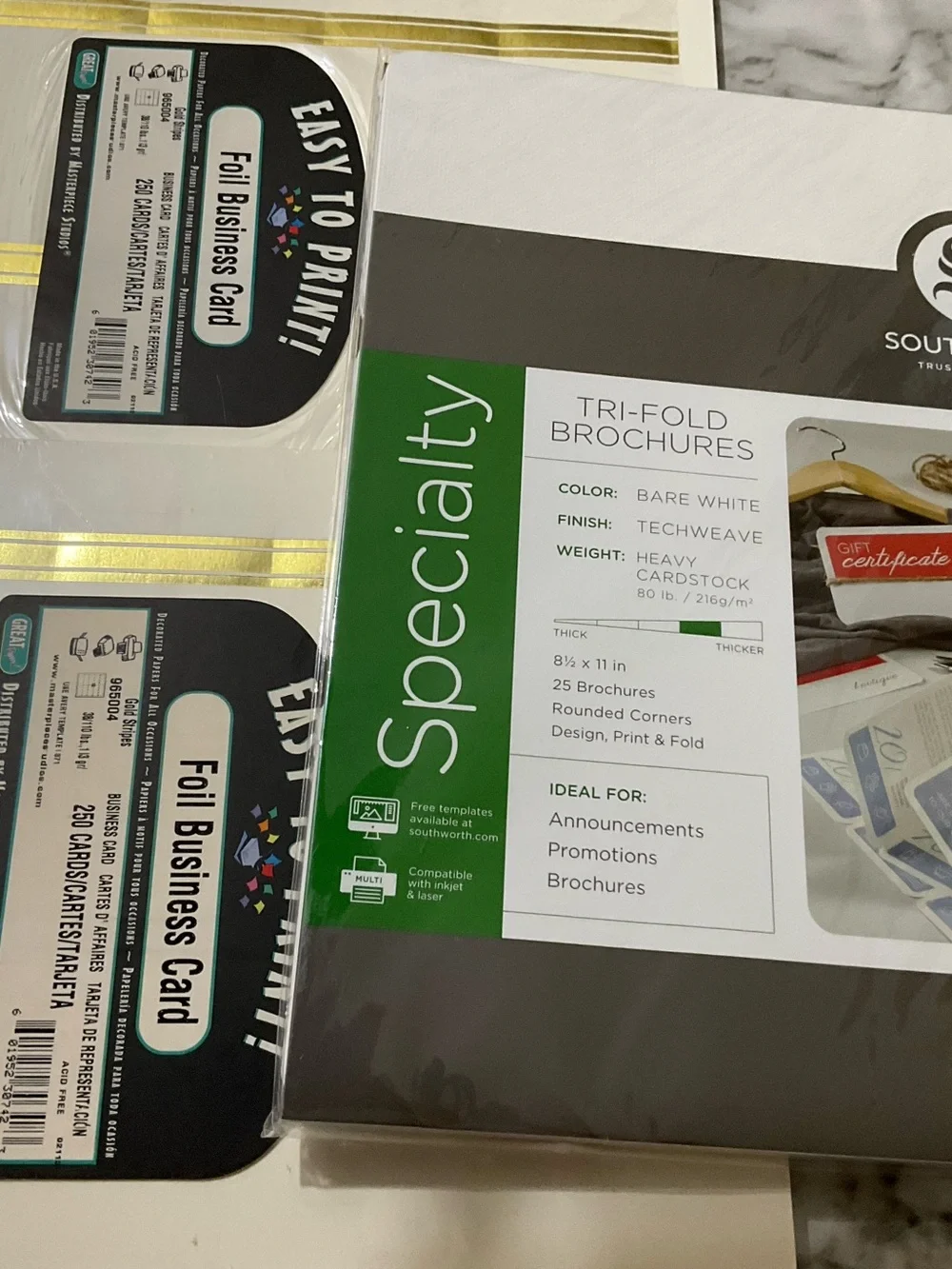 Specialty Tri-Fold Brochures and Foil Business Cards White Cream Stationery